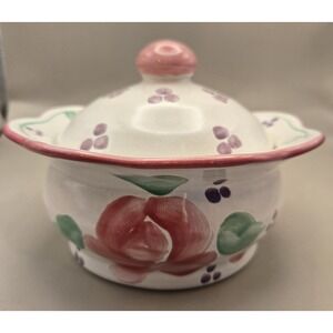 Vintage Ceramic‎ Bowl Lid And Rosebud  Handle Flora Sm. Cooking Bowl. Portugal